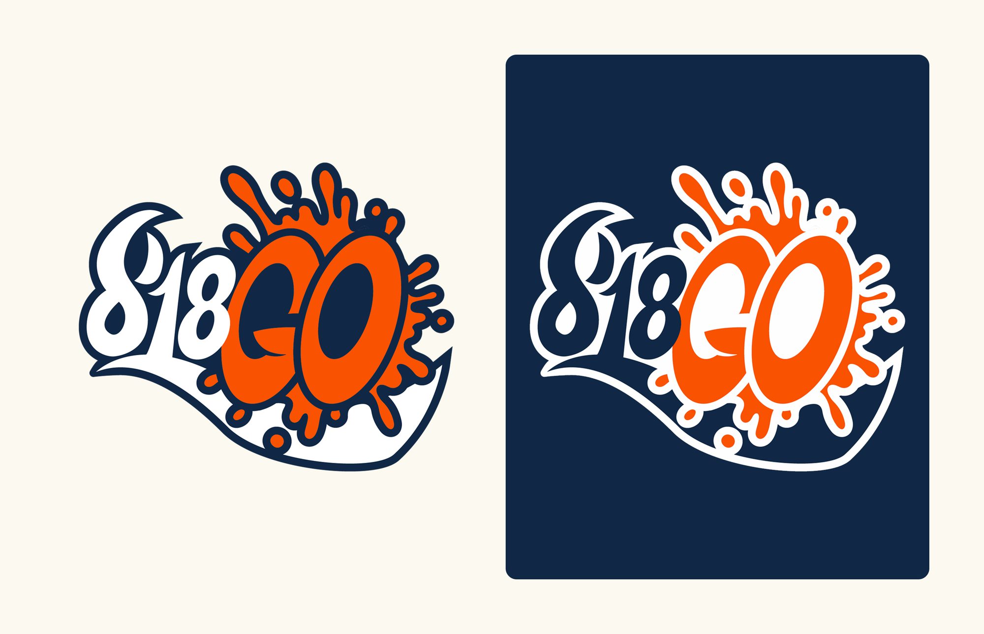 818GO logo lockup — a graffiti-derived mark with a crab-roe splash, shown on cream and on dark blue