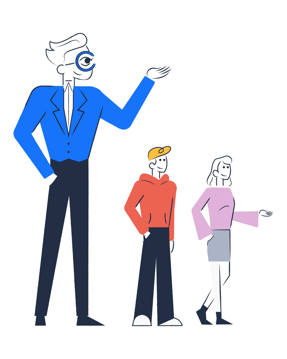 Cyclopes illustration cast — the monocled counsellor gesturing toward two students, drawn instead of photographed