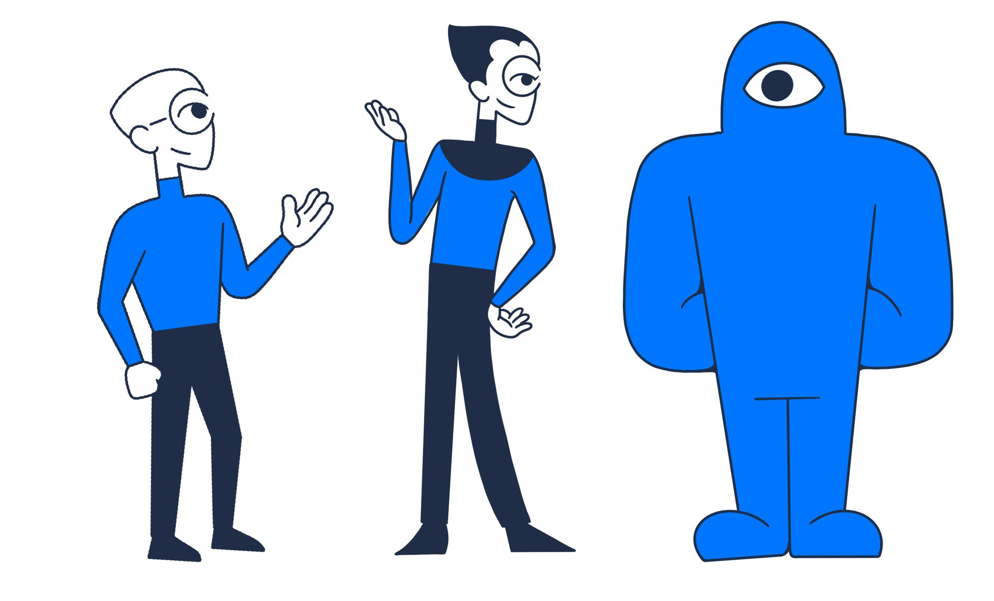 Cyclopes character exploration — two professional counsellor versions beside the literal one-eyed giant, which read heavy and slow