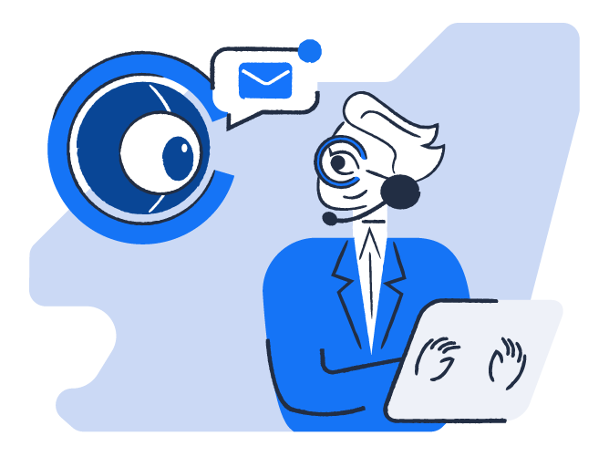 Cyclopes spot illustration — the eye mark and the counsellor at a laptop with a message