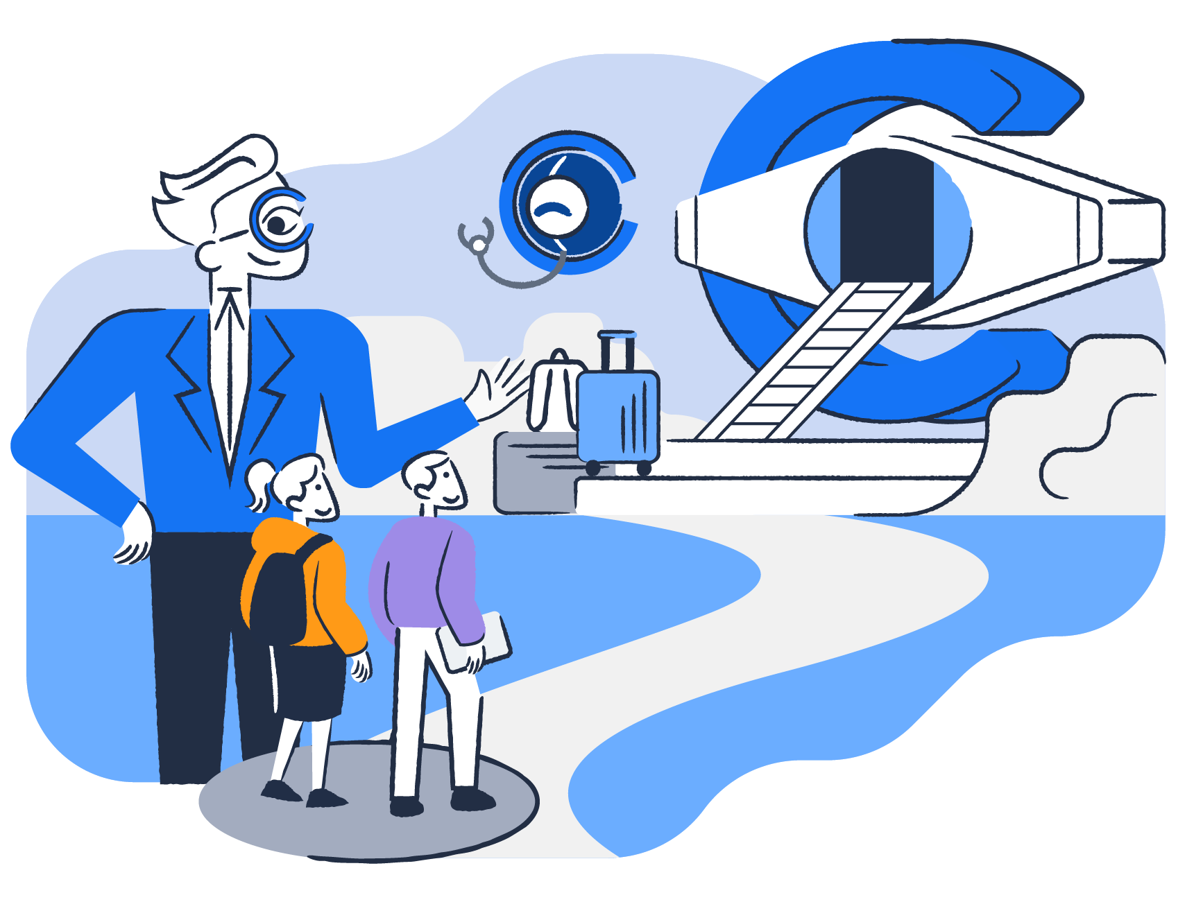 Cyclopes illustration — the counsellor sending two students off on their journey, plane and Cyclopes eye in the scene