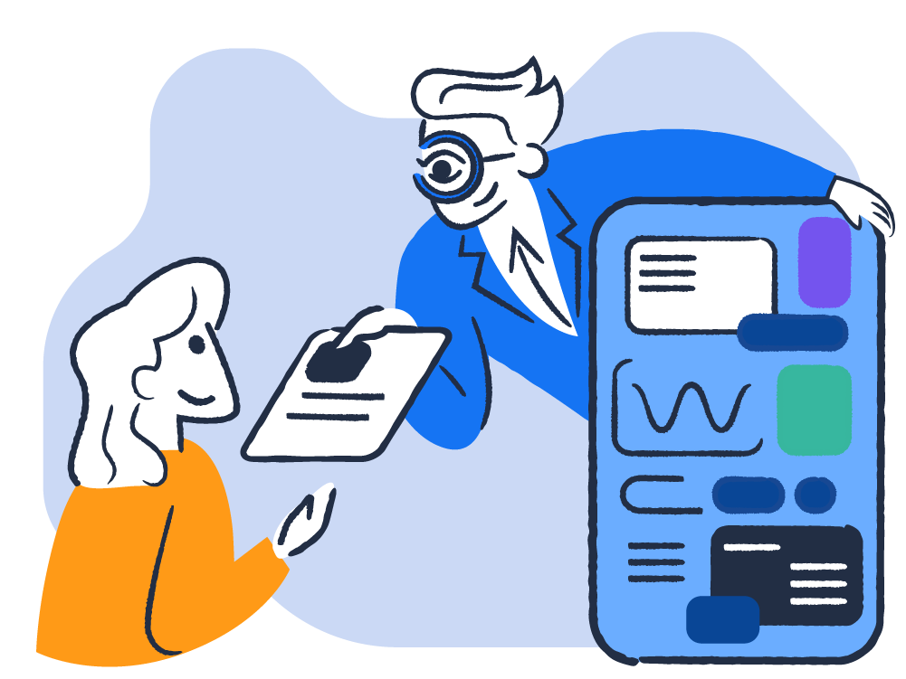 Cyclopes illustration — the counsellor handing a student a result, beside a product screen