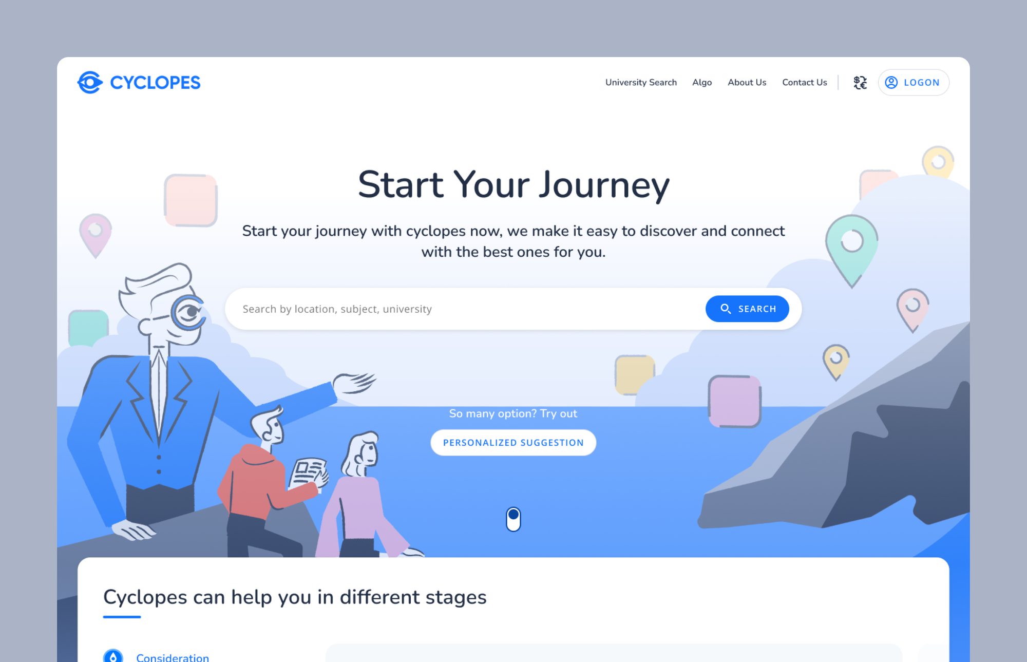 Cyclopes landing page — Start Your Journey hero, search, and the discovery illustration