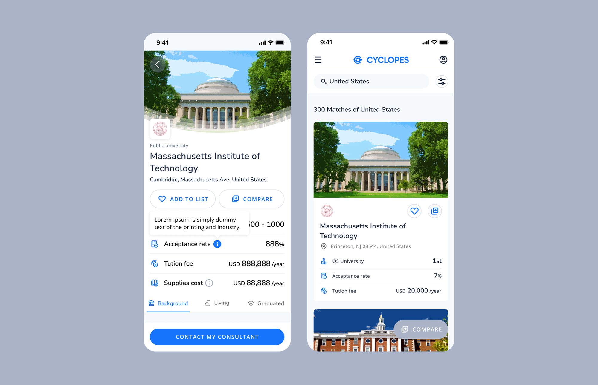 Cyclopes on mobile — a university profile and the matched results, with add-to-list, compare and contact-consultant