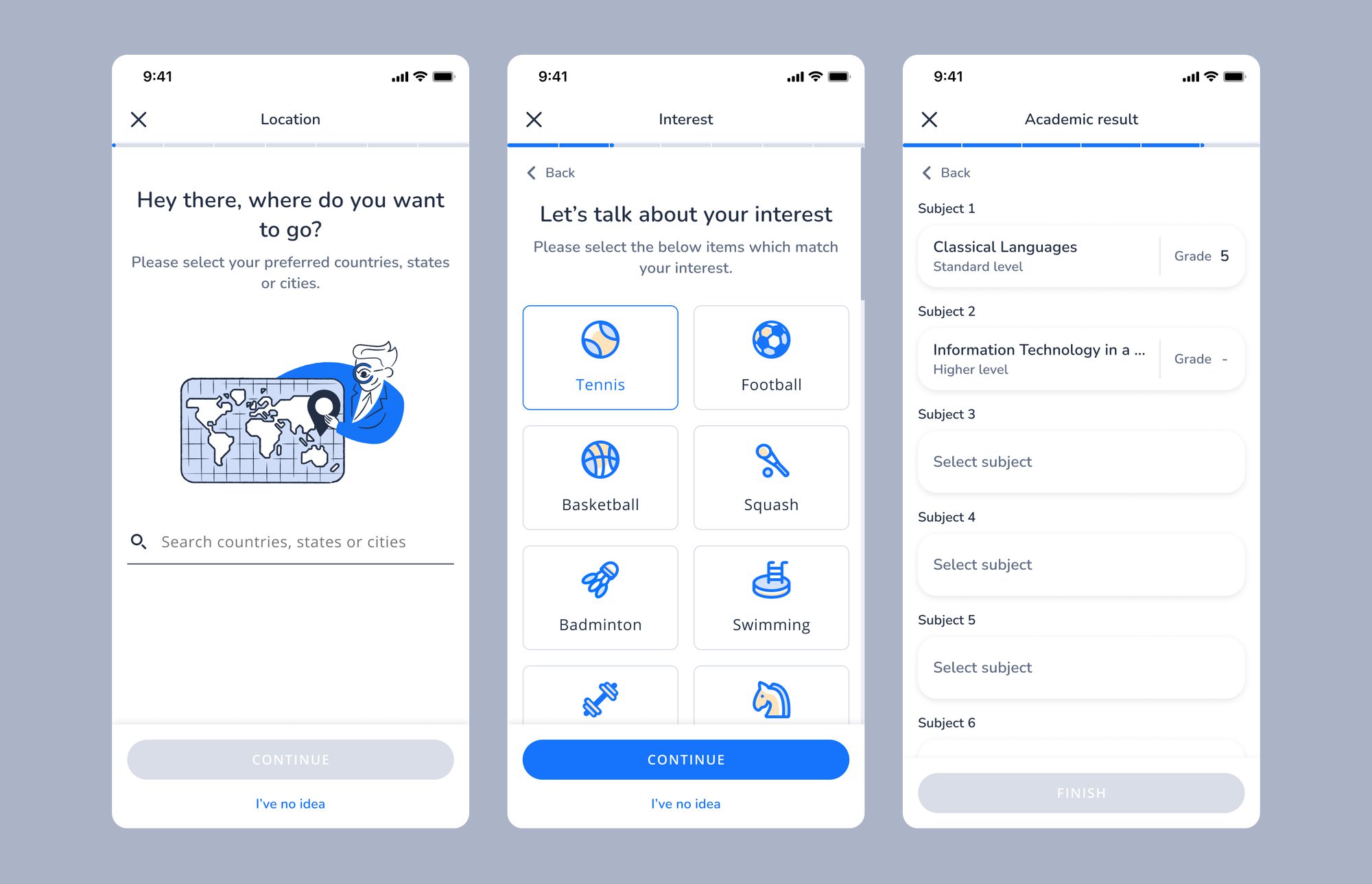 Cyclopes questionnaire — the guided onboarding across location, interest and academic-result steps