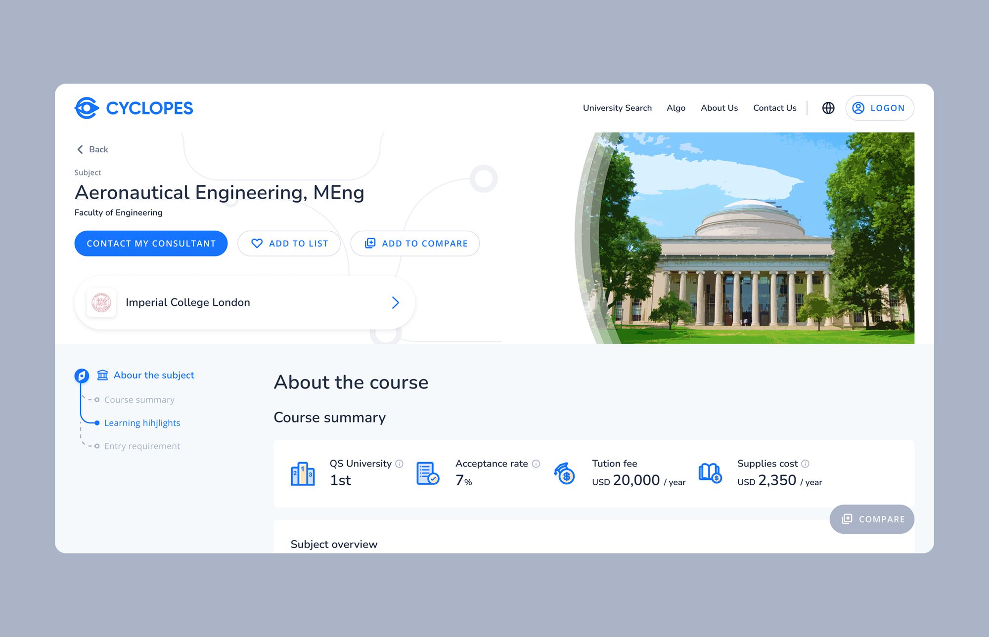 Cyclopes course profile — Aeronautical Engineering MEng, with a course summary and the key stats made comparable