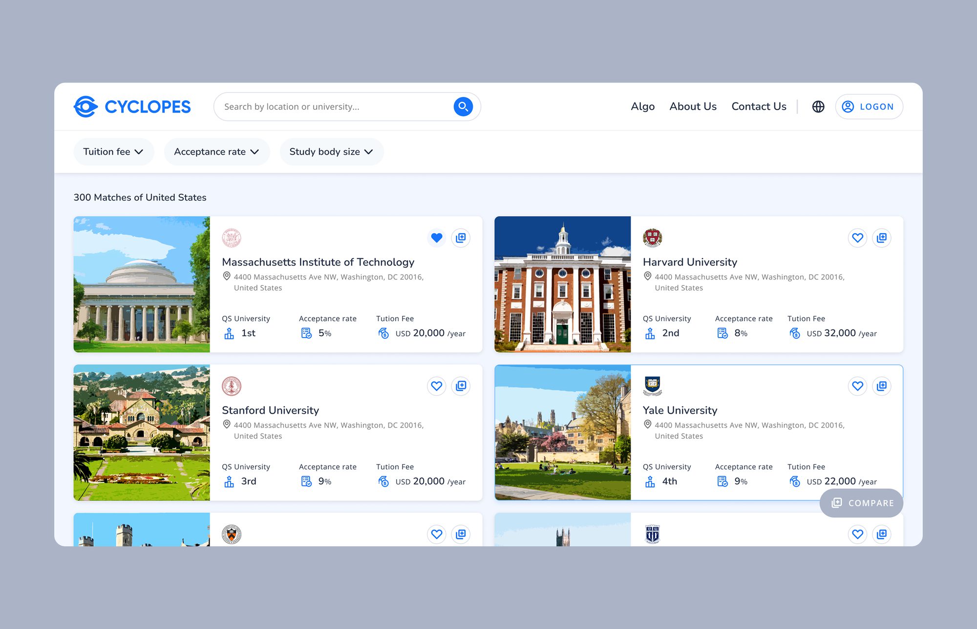 Cyclopes search results — 300 matches for the United States, each school carrying its QS rank, acceptance rate and tuition, with save and compare controls