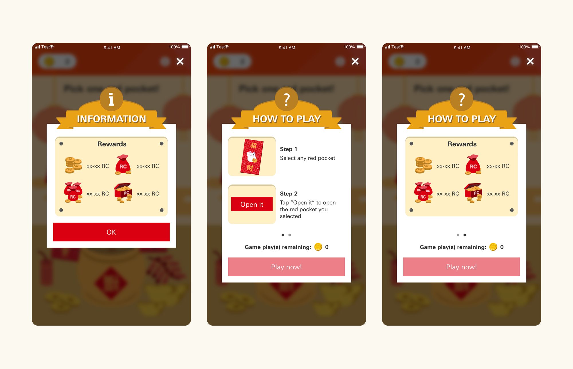 HSBC Reward+ mini game — the information and how-to-play modals: rewards, pick a red pocket, tap open