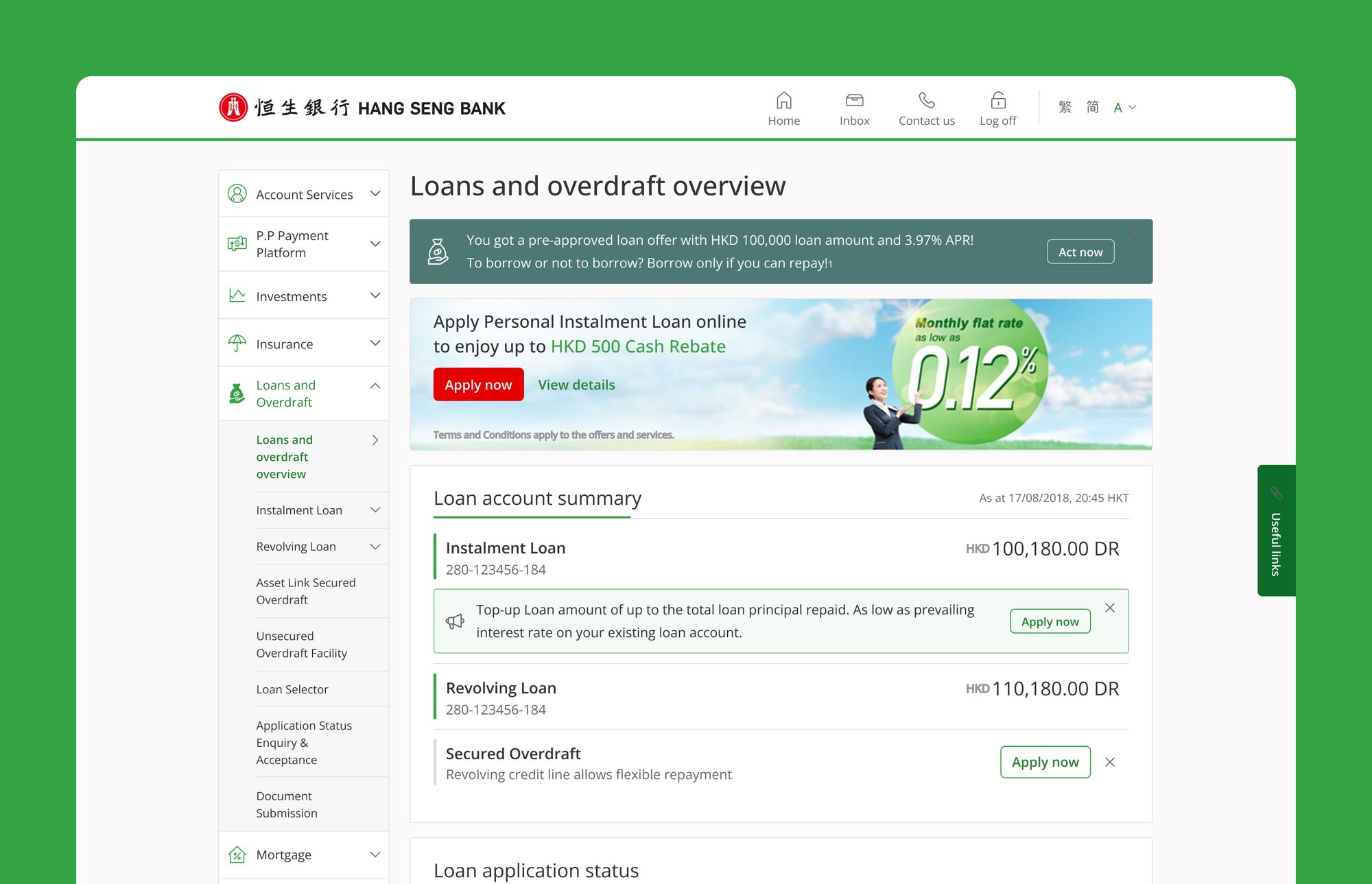 Hang Seng — the loans and overdraft overview, with each entry point marked by the business line that owns it