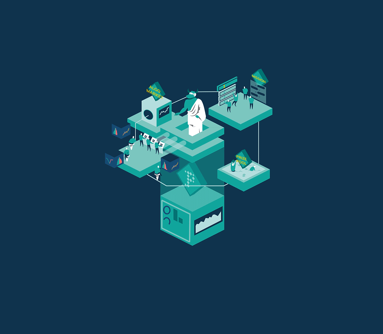Plutux — the isometric brand world in motion: the bull-headed Plutus over Algo Market, Mission and Prize Pool platforms