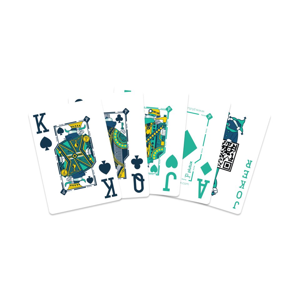 Plutux playing cards — the bull-headed Plutus rendered across a deck, from the King down to the Joker