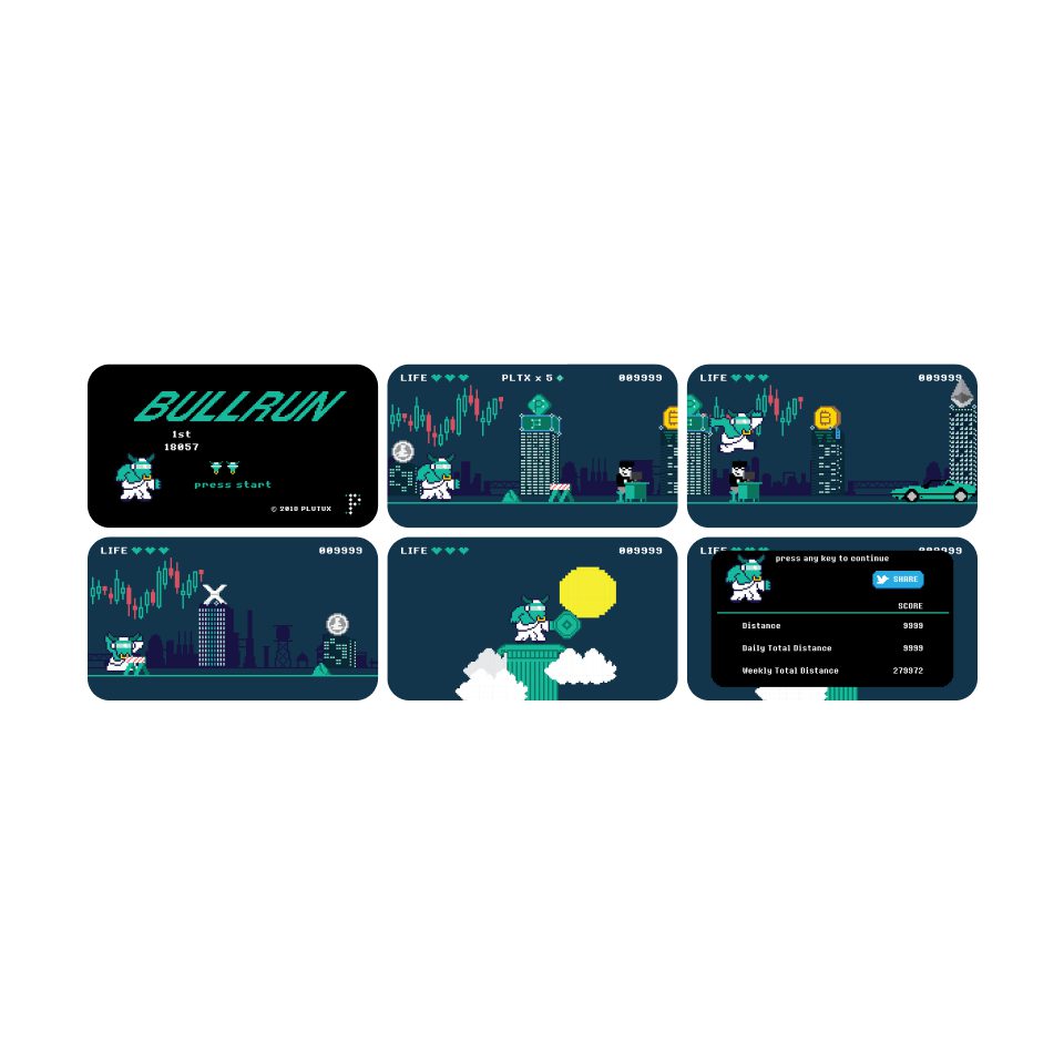 BULLRUN — the launch-event pixel game: title screen, side-scrolling runs and a score screen where points cashed out as tokens