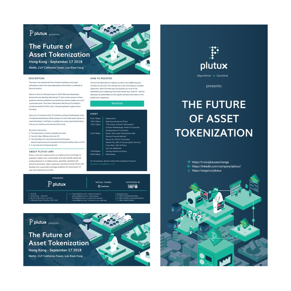 Plutux event collateral — posters for The Future of Asset Tokenization talk in Hong Kong
