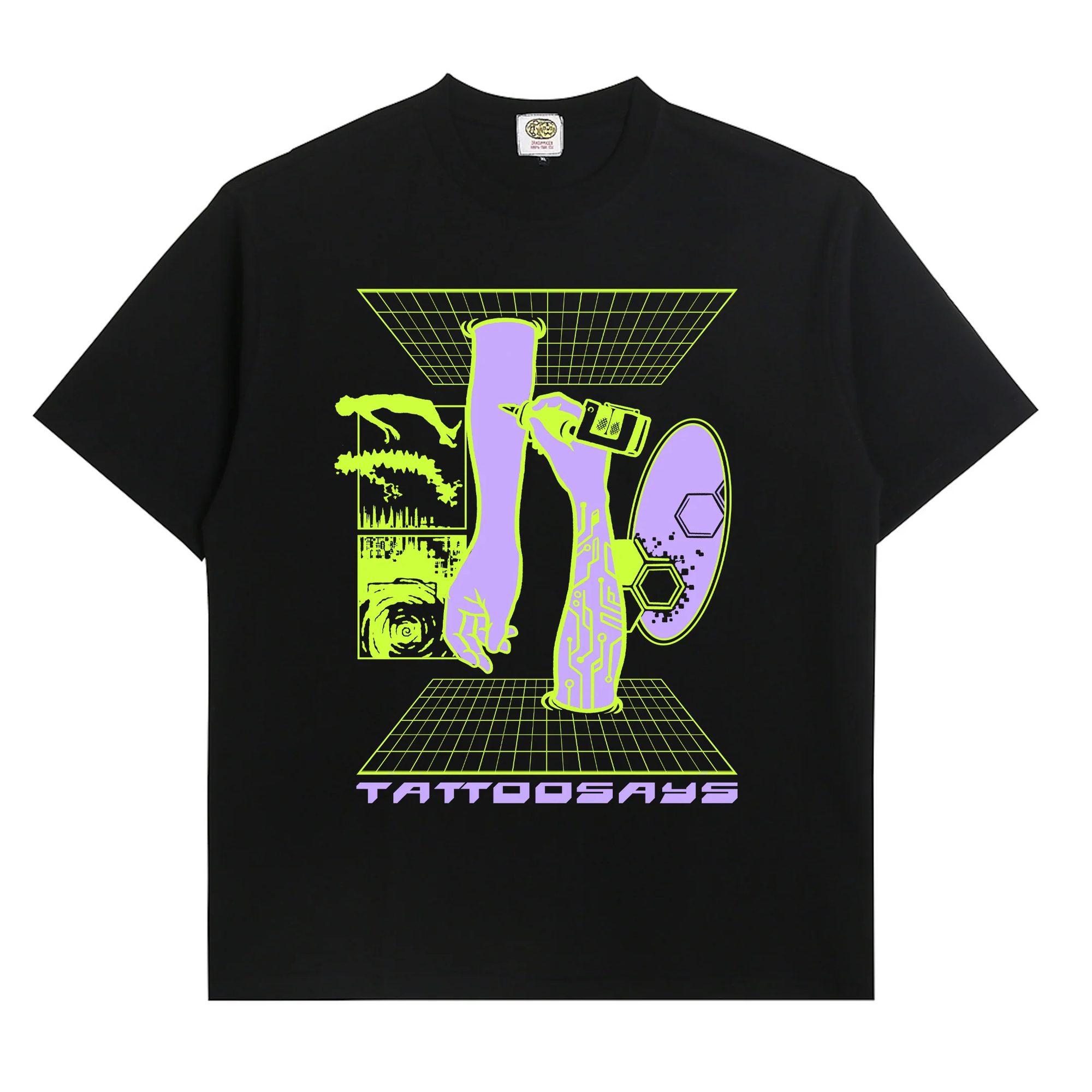Tattoosays tee — a cyber tattoo-machine panel in purple and acid green on black