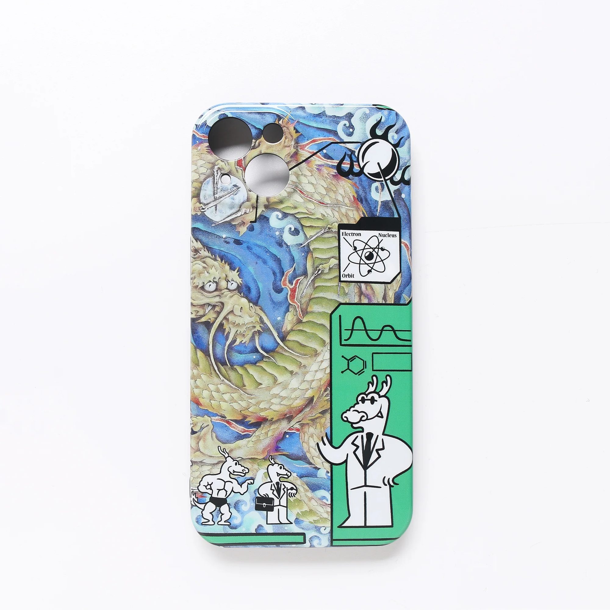 Phone case — a painted temple dragon sharing the frame with a lab-coat cartoon and an atom diagram