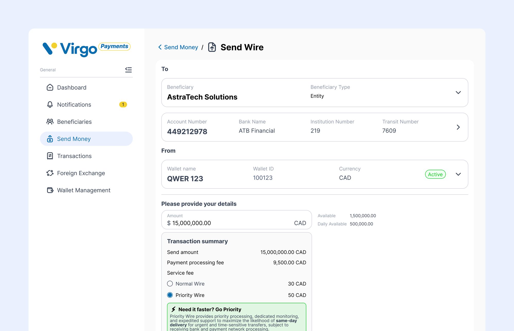 Virgo Payments — Send Wire: beneficiary and source wallet, amount, and a transaction summary with normal and priority service fees