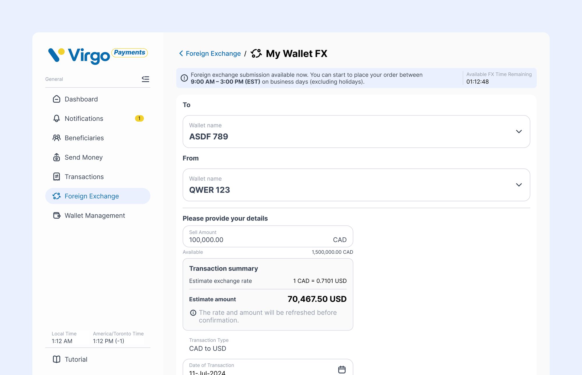 Virgo Payments — My Wallet FX: wallet-to-wallet foreign exchange with an estimated rate, estimated amount and a timed submission window