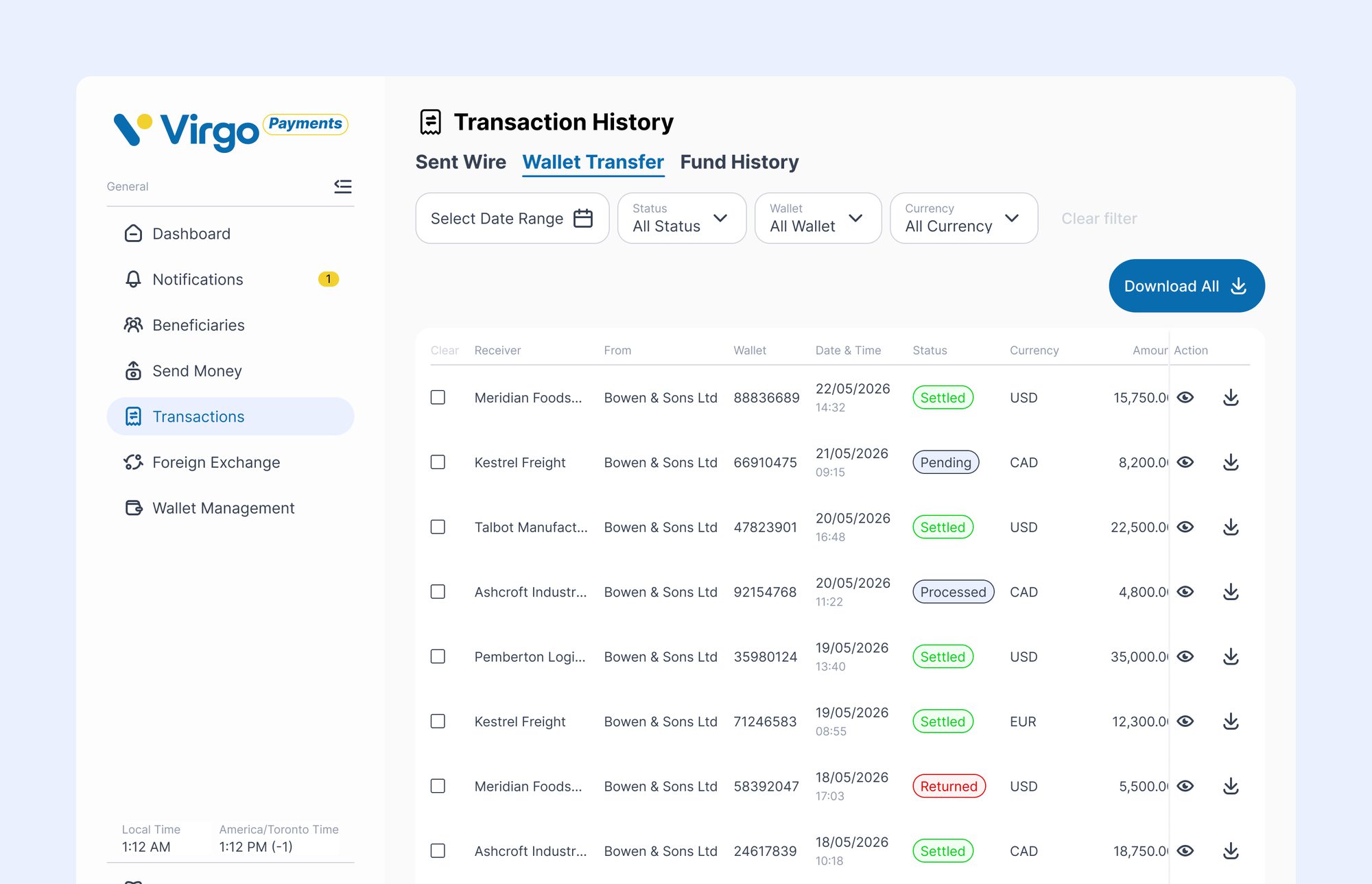Virgo Payments — Transaction History: wallet transfers with per-row status of settled, pending, processed and returned, filterable and exportable