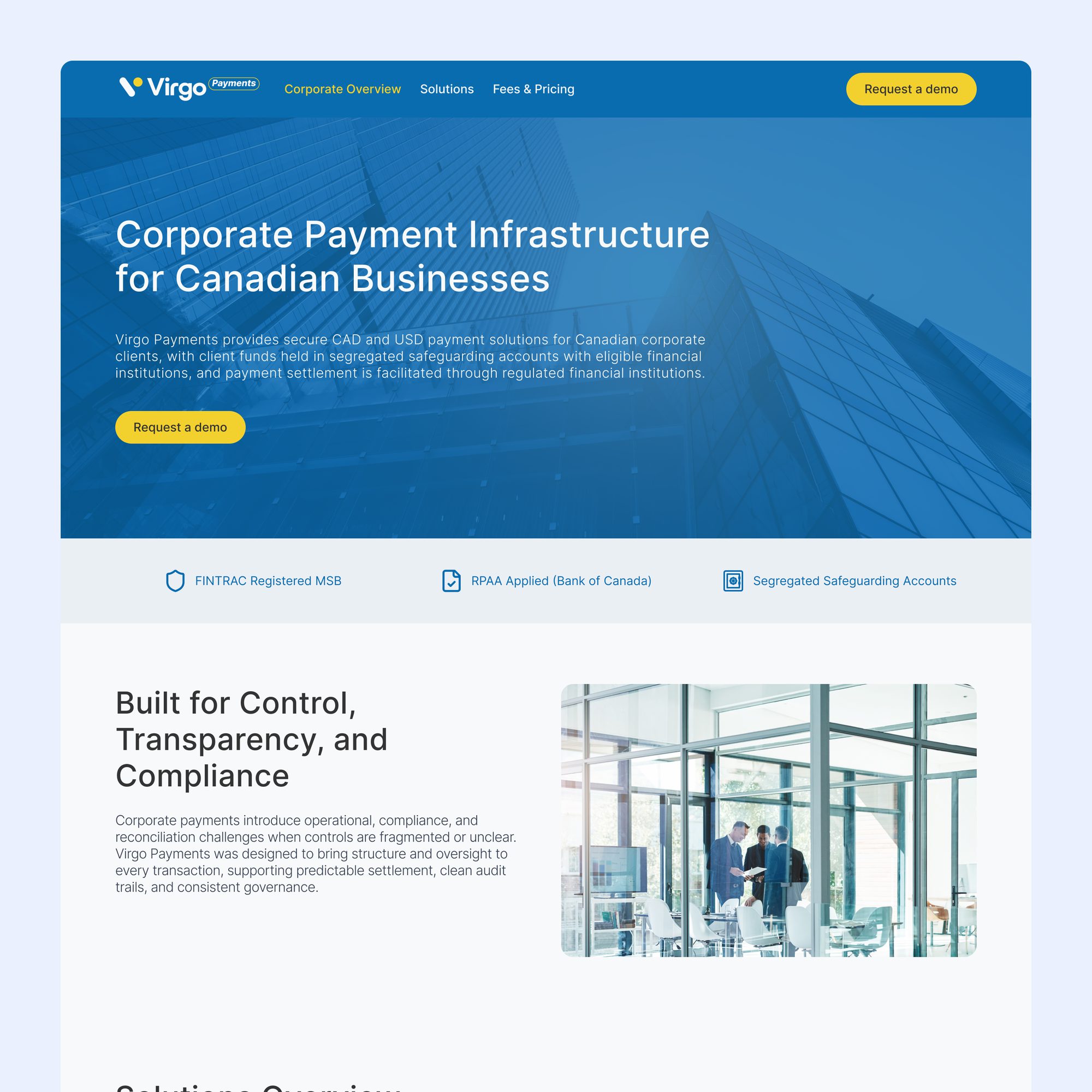 Virgo Payments marketing site — Corporate Payment Infrastructure for Canadian Businesses, with the logo and FINTRAC, RPAA and safeguarding-account badges