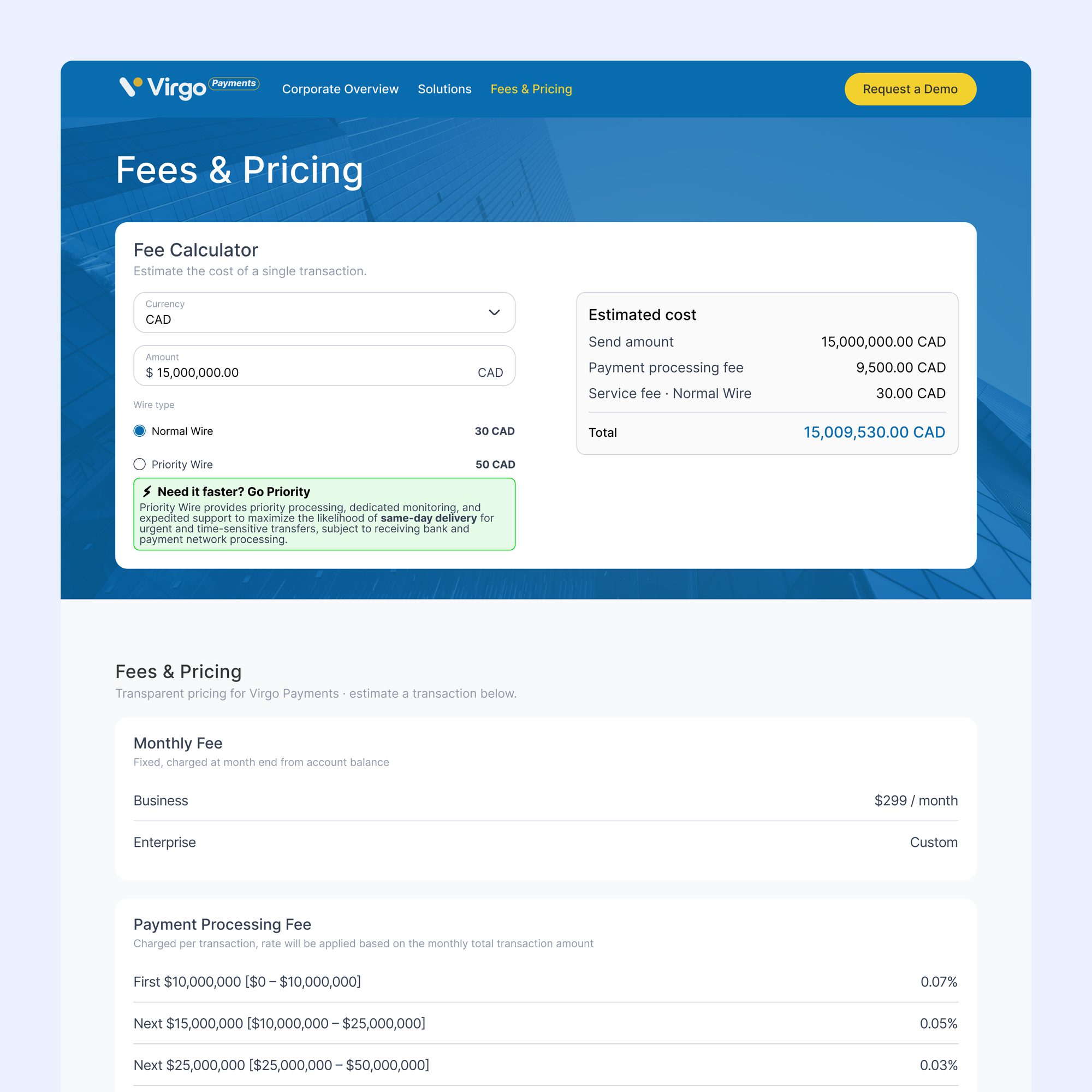 Virgo Payments marketing site — the Fees & Pricing page with a live fee calculator and tiered processing rates
