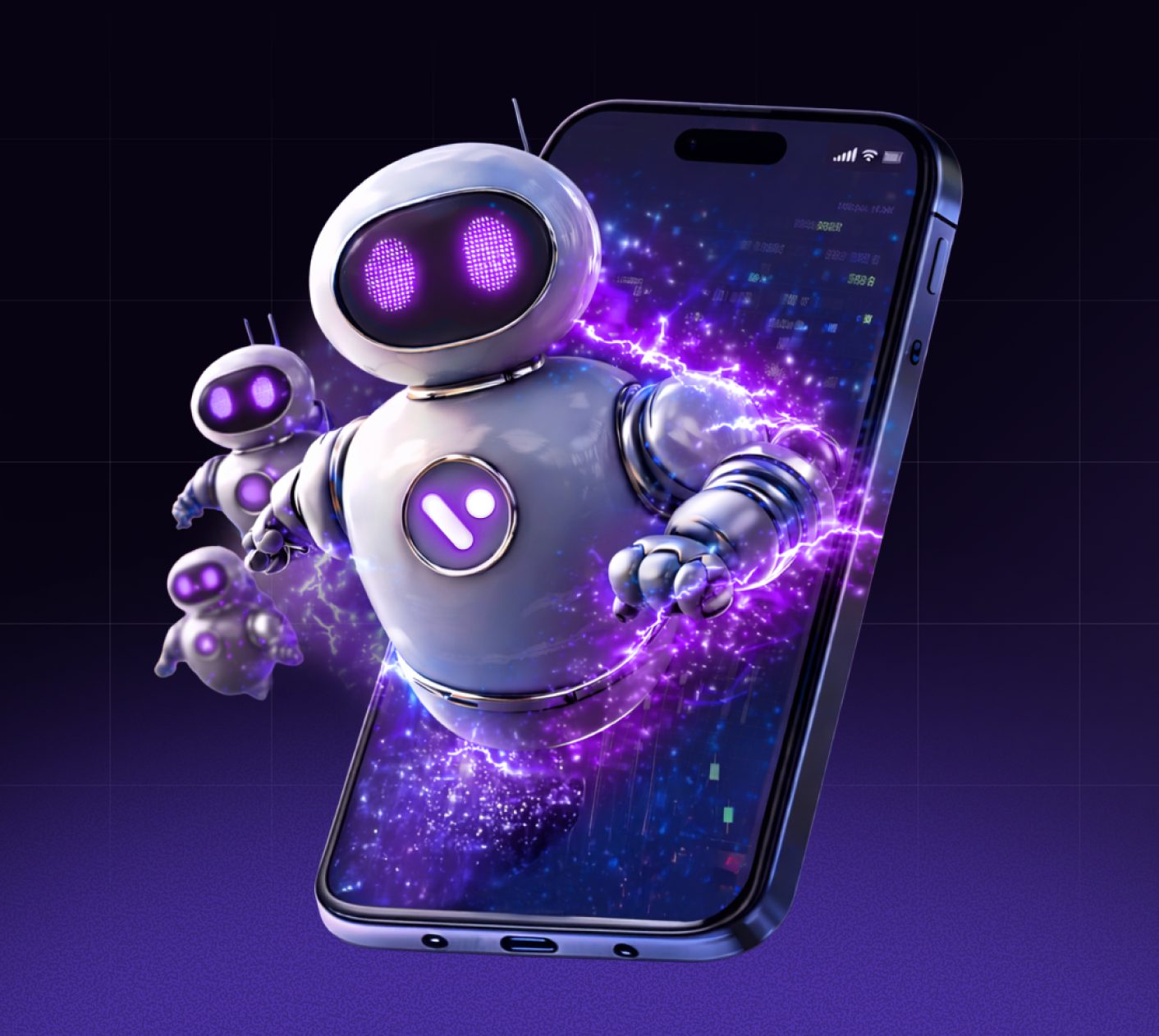 Vi-2 — the mascot as the face of Virgo's AI trading feature, bursting out of the phone with energy