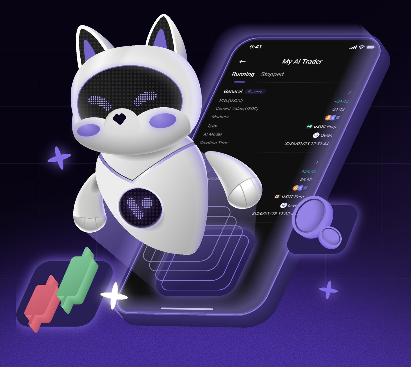 My AI Trader — the Vi-2 mascot beside a running AI trading bot, with PNL, markets and an AI model label