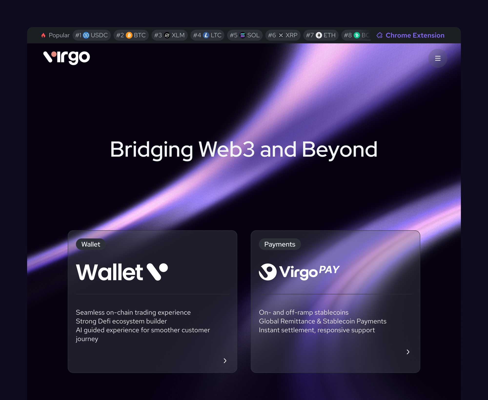 Virgo.co after the revamp — the Bridging Web3 and Beyond homepage, with the Wallet and Payments sub-brand cards