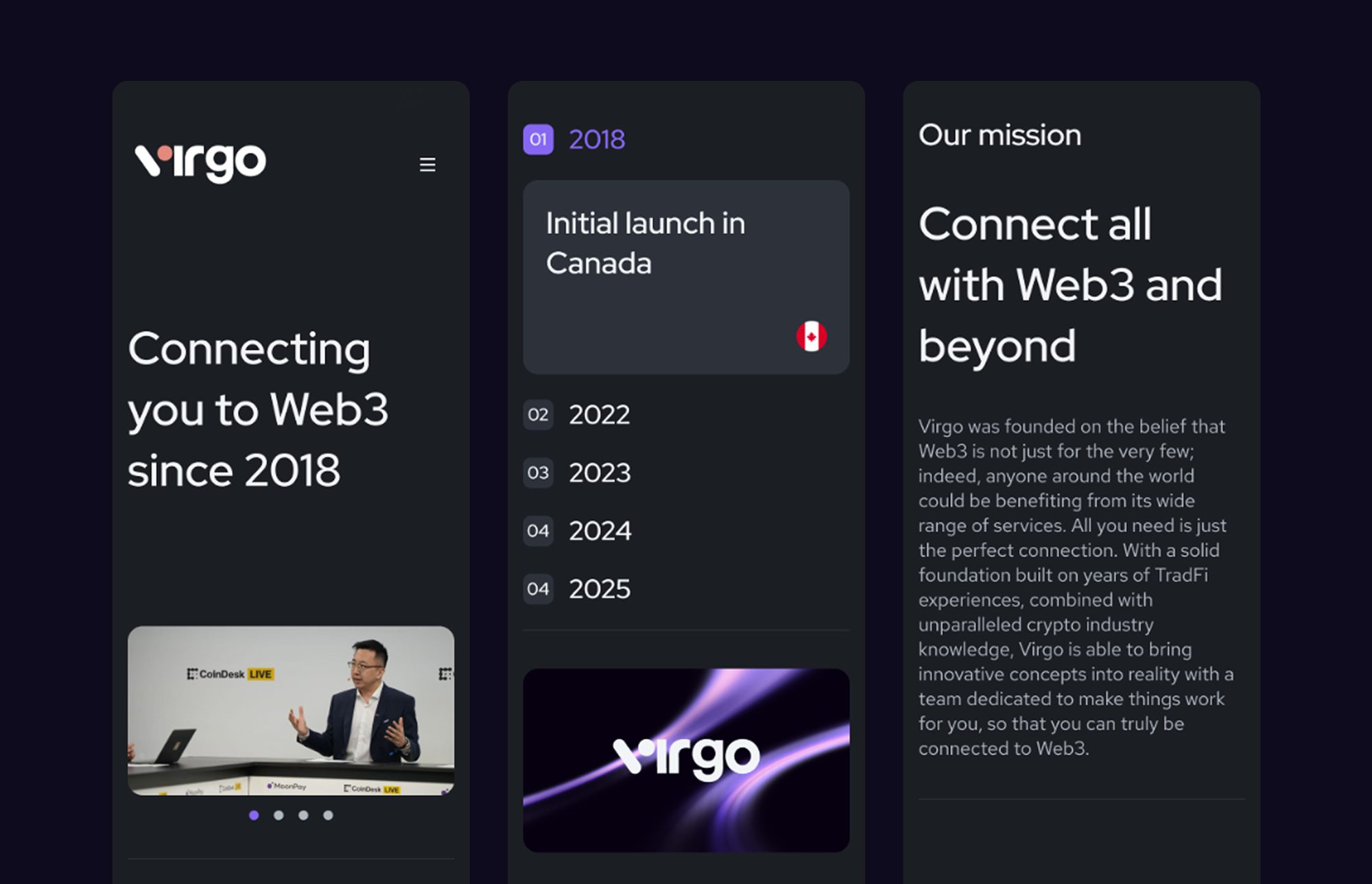 Virgo.co on mobile — the Web3-since-2018 story, a company timeline and the mission section, all on the revamped system