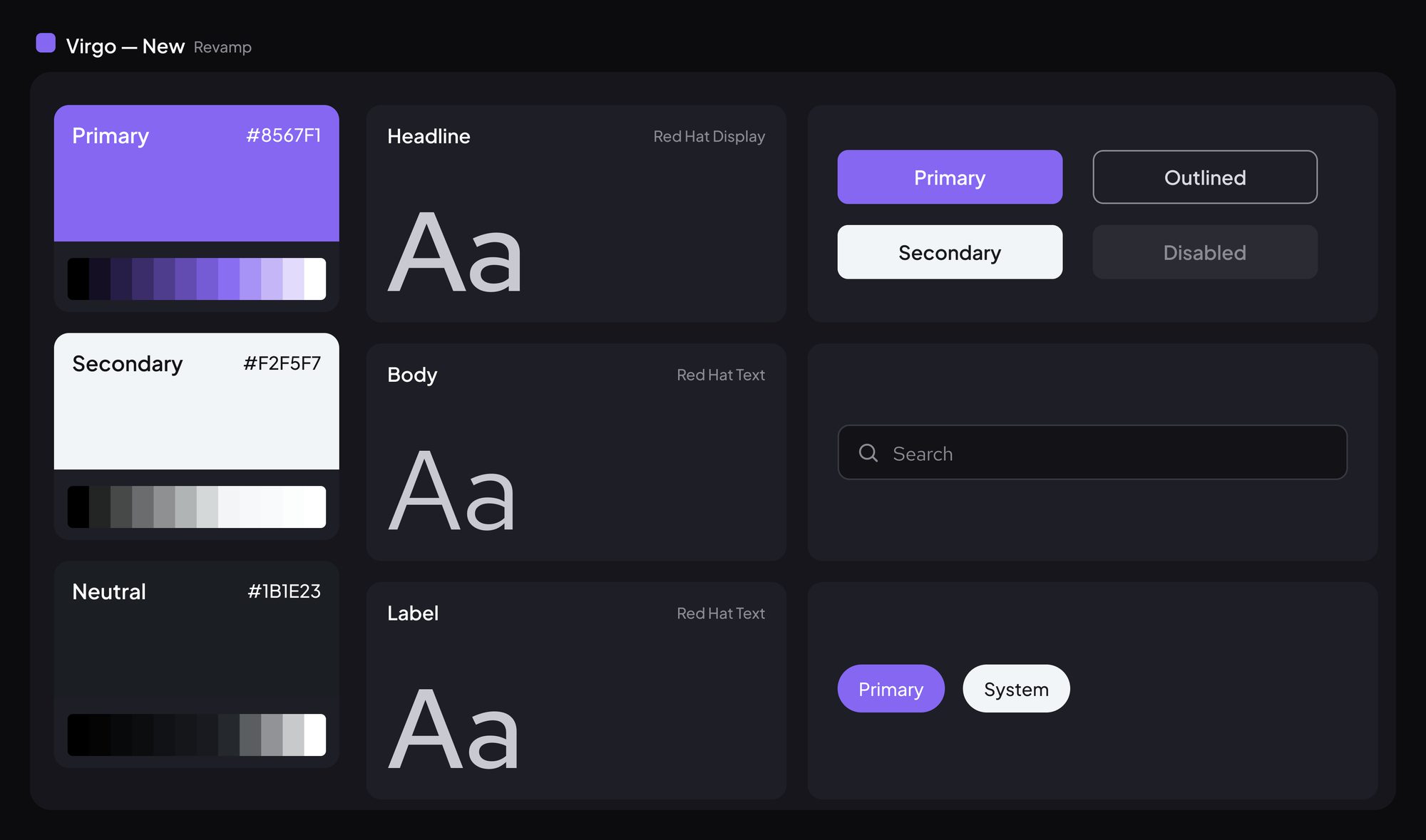 Virgo — the revamped system: a softer purple on a dark theme, set in Red Hat Display and Red Hat Text