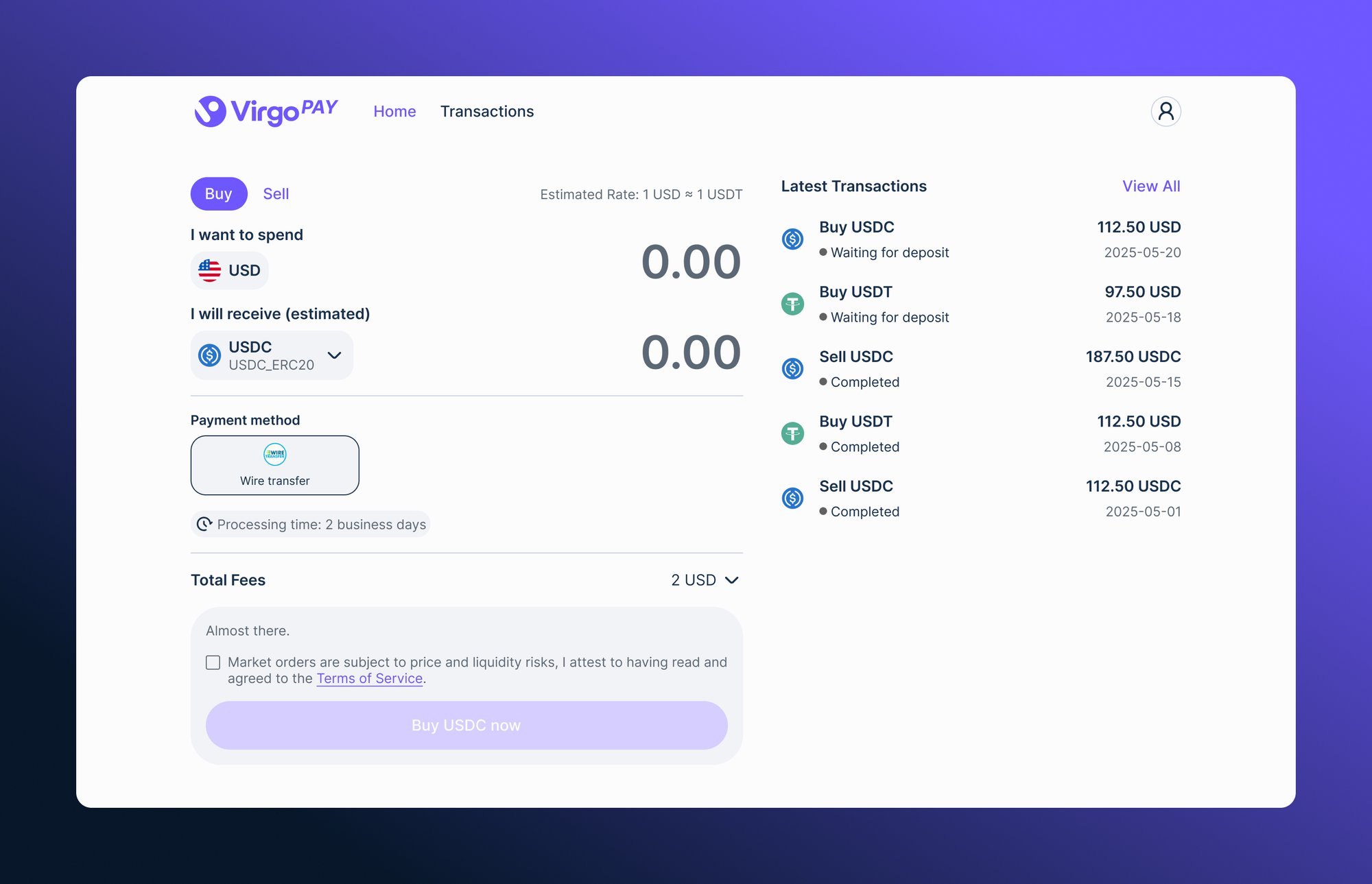 VirgoPAY consumer product — home: buy or sell, with latest transactions