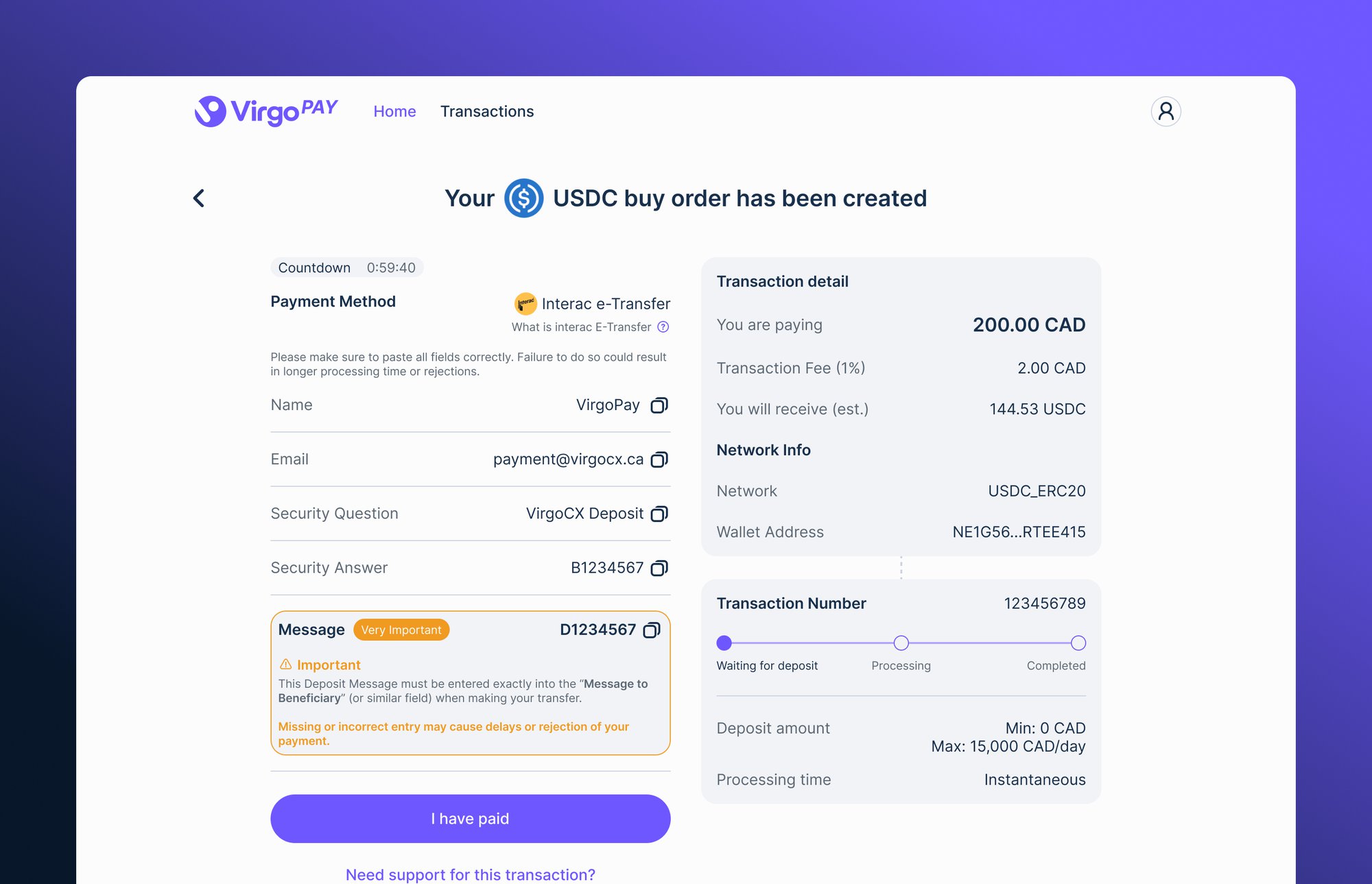 VirgoPAY — your USDC buy order has been created, with deposit instructions and a countdown