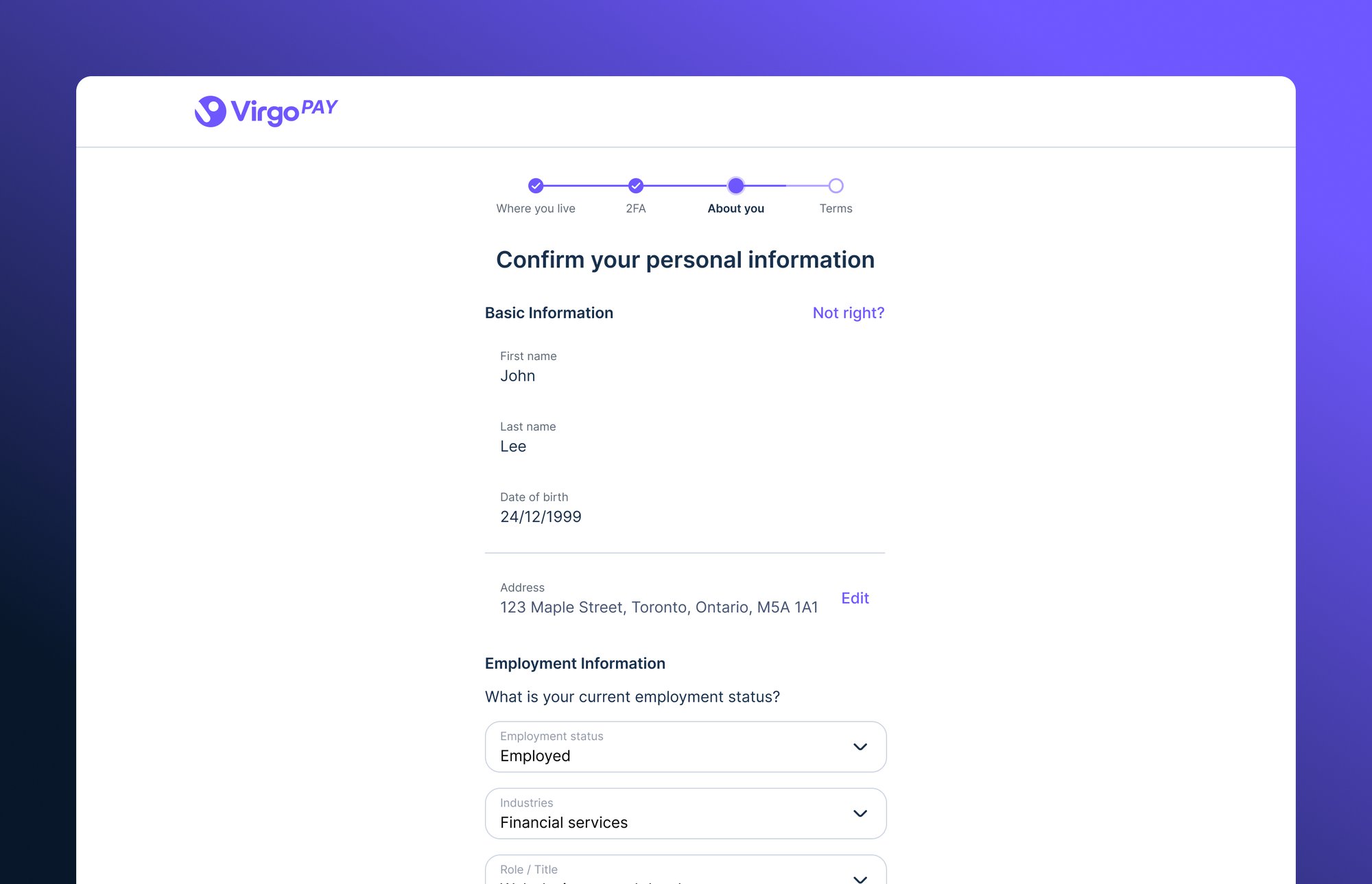VirgoPAY consumer product — onboarding, identity verification in progress
