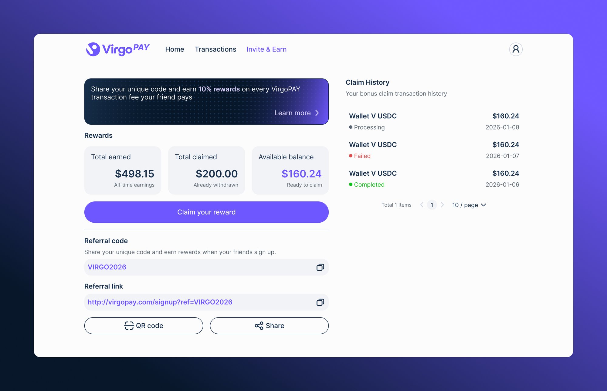 VirgoPAY consumer product — invite and earn rewards