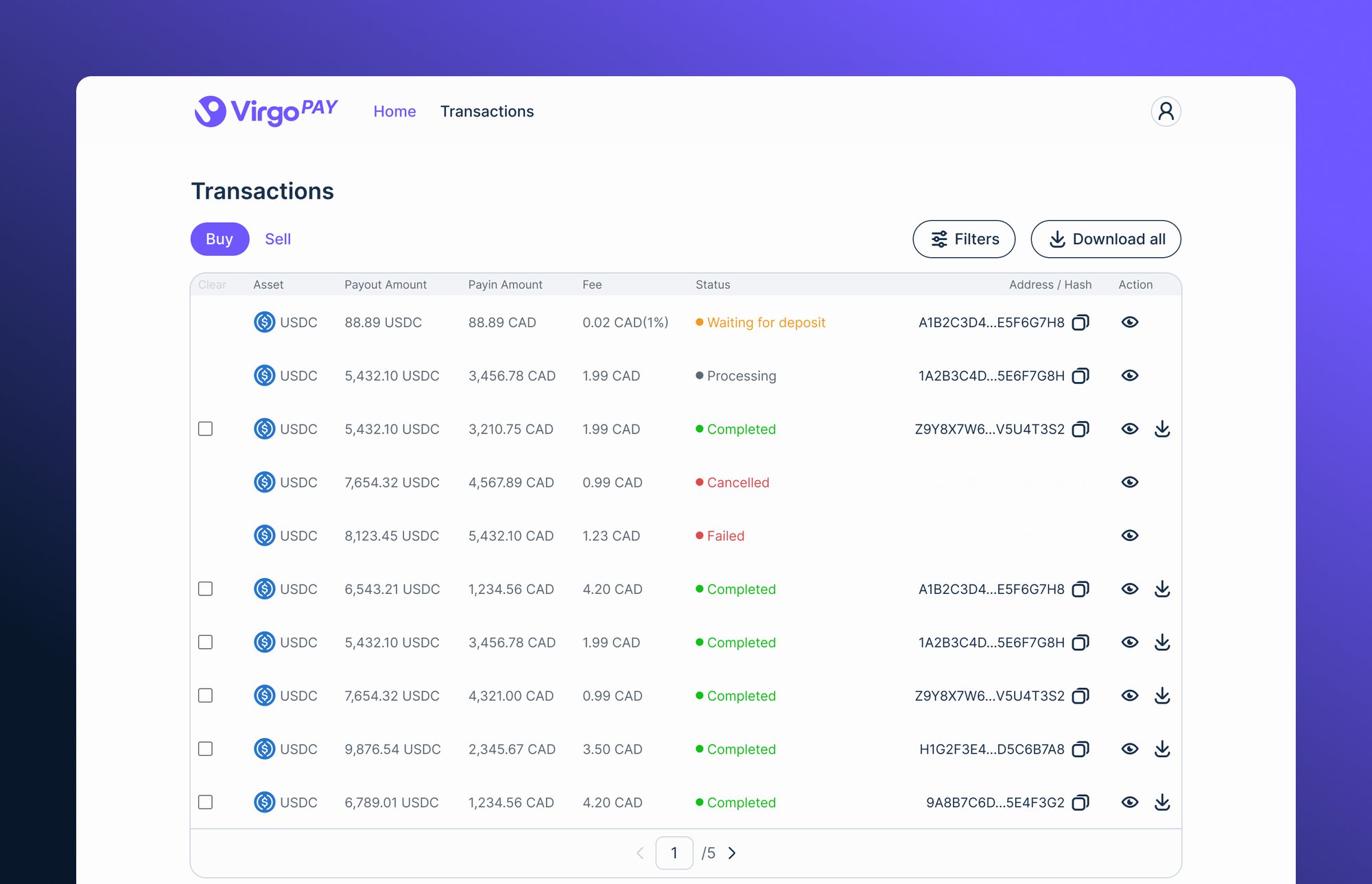 VirgoPAY consumer product — transactions, with per-order status