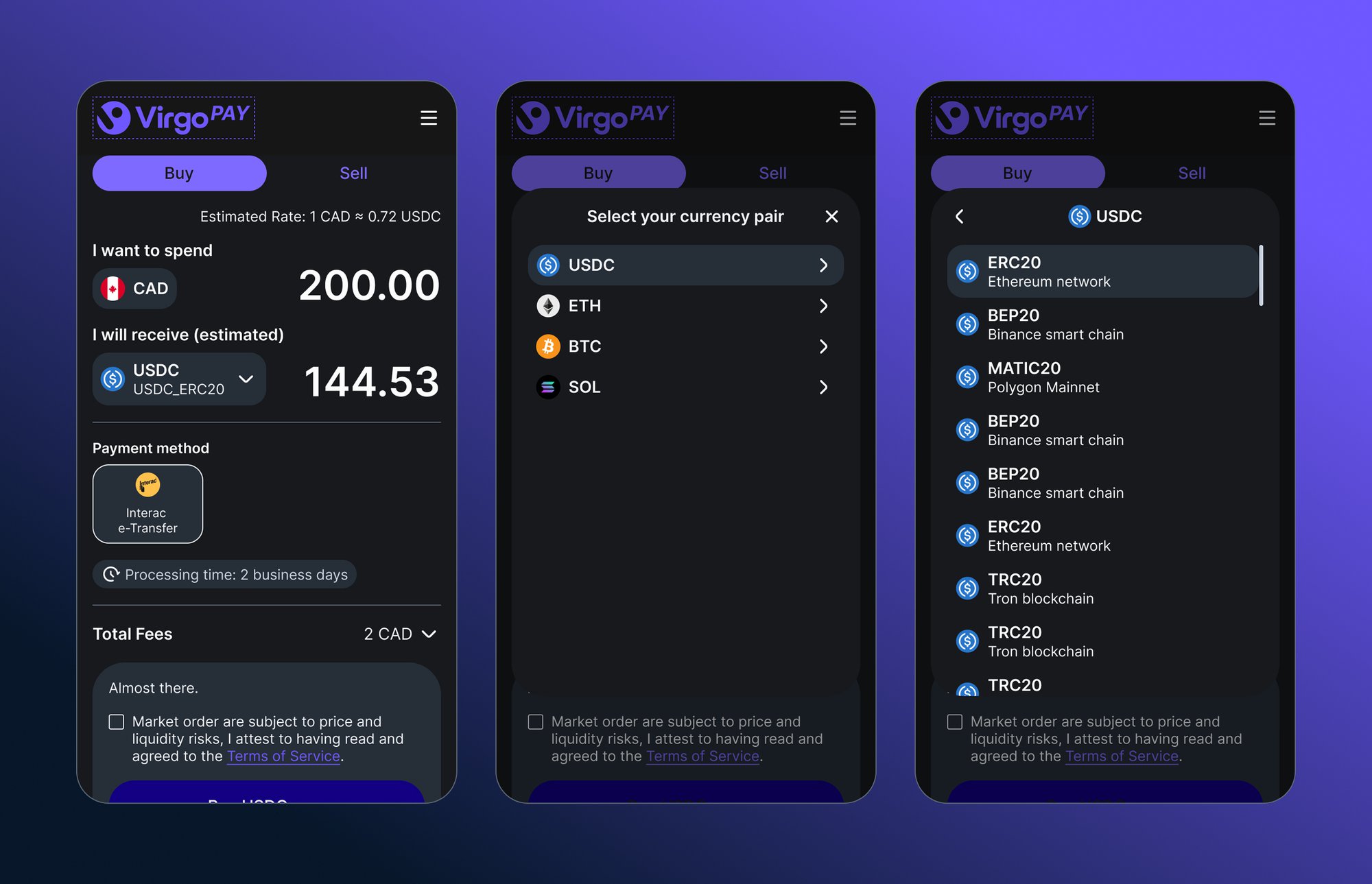 VirgoPAY — the buy widget: amount and payment method, currency pair, and network selection