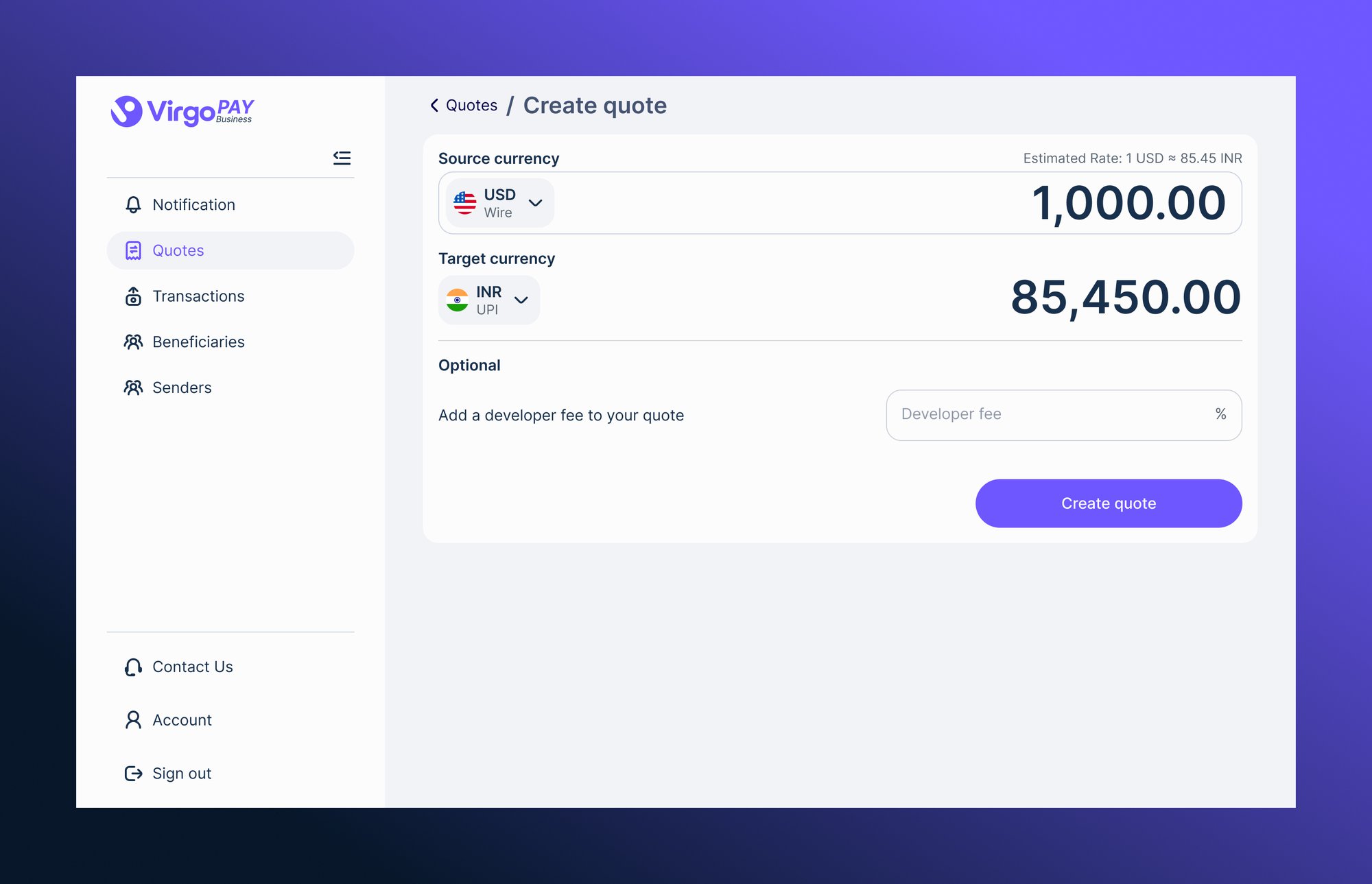 VirgoPAY Business — create quote: source and target currency with an optional developer fee