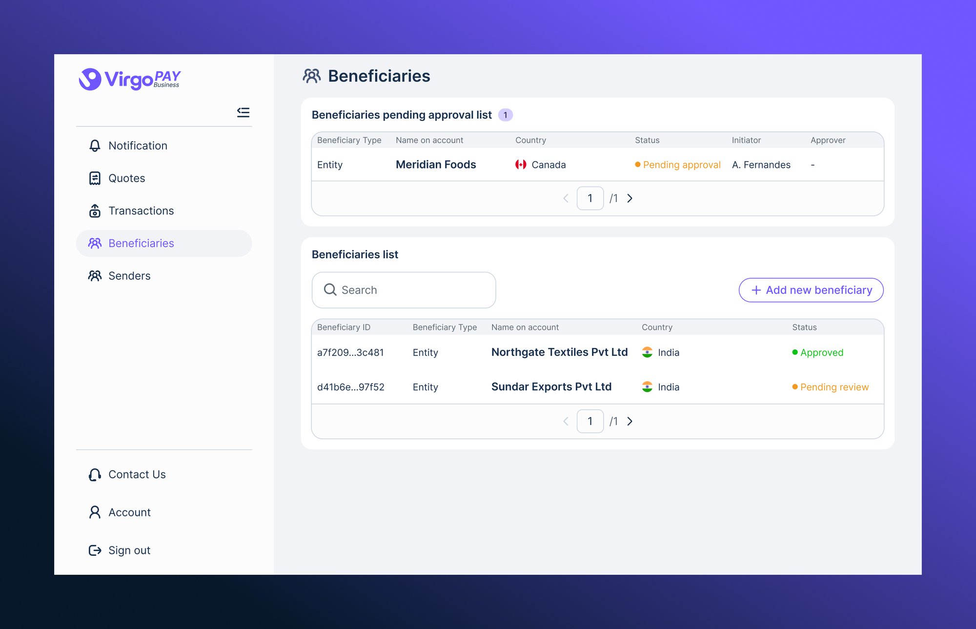 VirgoPAY Business — quote details: a live active-quote countdown with created and expiry times