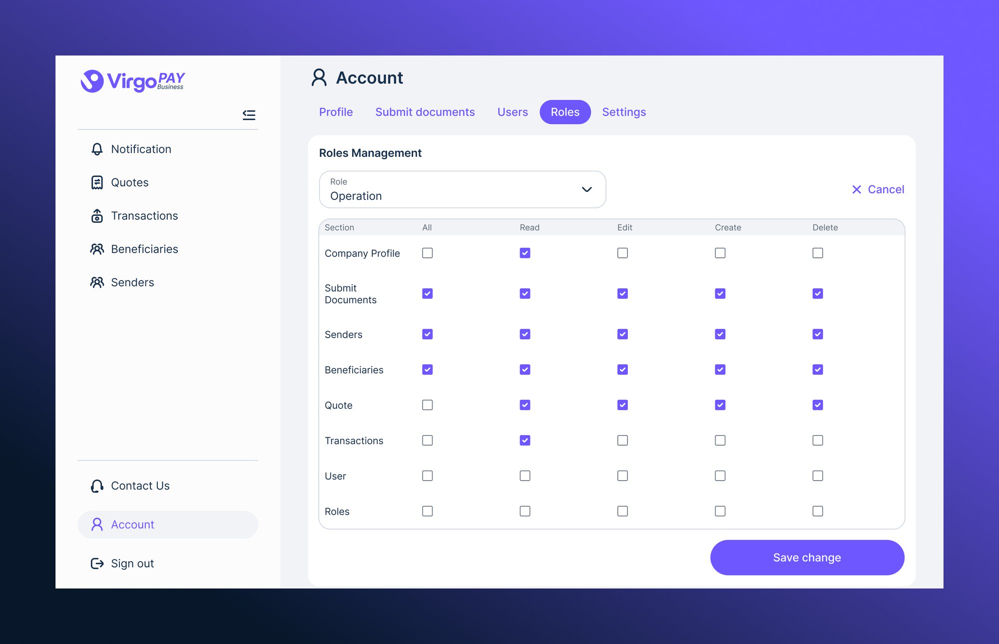 VirgoPAY Business — Roles Management: a per-section permission matrix with read, edit, create and delete toggles for each role