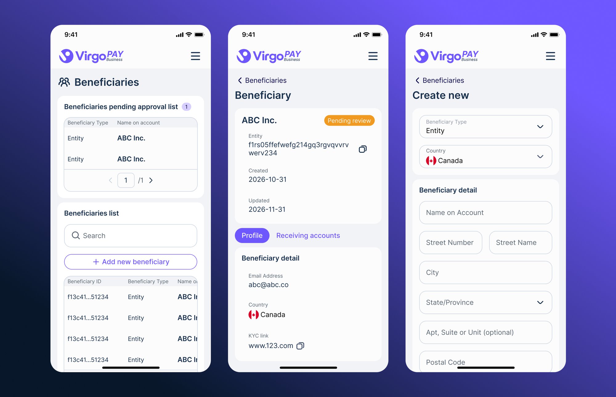 VirgoPAY Business on mobile — the beneficiaries pending-approval list, a beneficiary profile marked pending review, and the create-new form