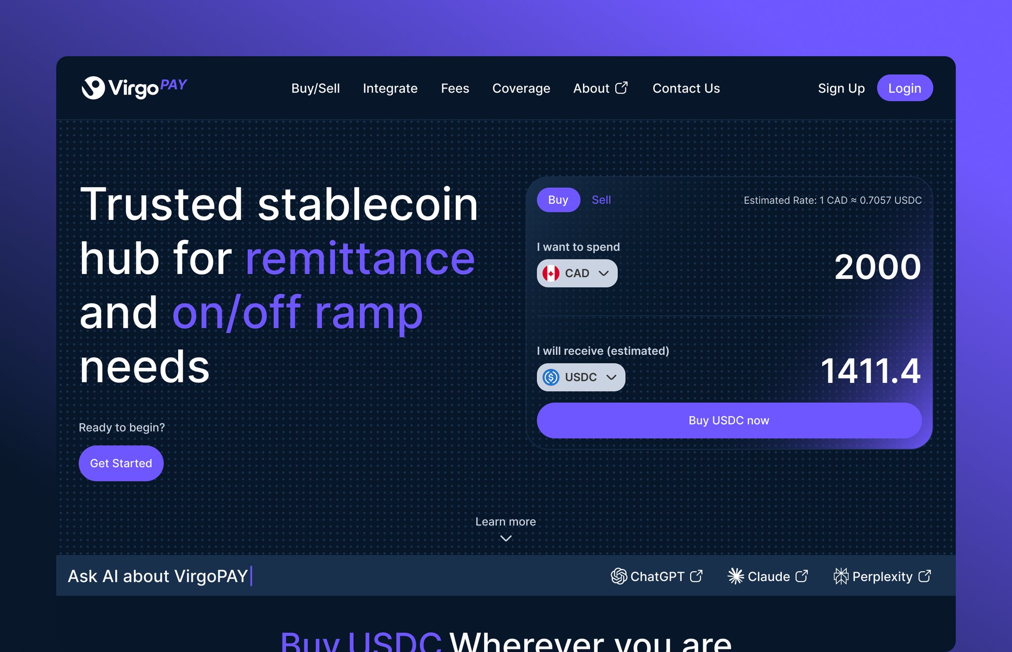 VirgoPAY marketing site — stables settle it all, the buy/sell widget and coverage stats